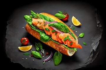 Poster - bruschetta baguette with salmon and greens on black table, created with generative ai