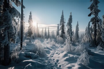 Canvas Print - Lapland's wintertime landscape. Beautiful Finnish Lapland landscape. Generative AI