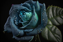 A Close-up Shot Of A Blue Rose With Green Foliage And Water Drops, Set Against A Black Background. AI