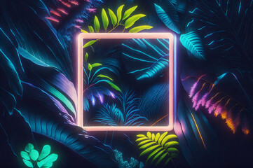 Fluorescent tropical palm leaves with neon glowing frame. Colorful futuristic abstract art, background, album cover, website header, banner. Generative AI.