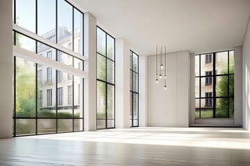 Wall Mural - Illustration of modern light apartment with big windows. Generative AI