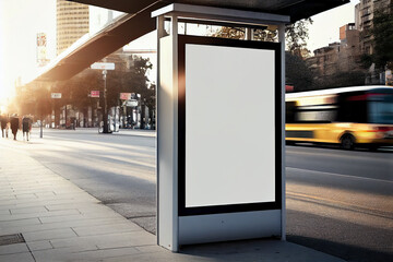 Blank street billboard poster stand mock up in downtown bus stop with city background.