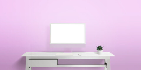 Wall Mural - Computer display on white work desk with isolated screen for web page presentation. Pink wall with copy space in background