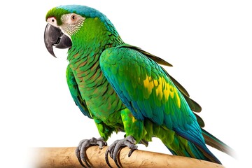 Wall Mural - Large green parrot on white sitting on tree branch, created with generative ai