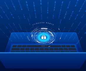 Leinwandbilder - Technology cyber security data protection. Blue 3D laptop with hud UI system encryption. Binary number encoder privacy software concept vector.