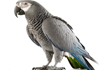 Wall Mural - Large grey parrot on white with blue black bill and grey eyes, created with generative ai