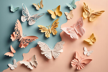 Decorative cute colorful paper butterflies. Top view flat-lay butterflies background. Generative AI