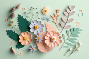 Paper flowers on pastel background. Spring flowers flat lay background. Generative AI