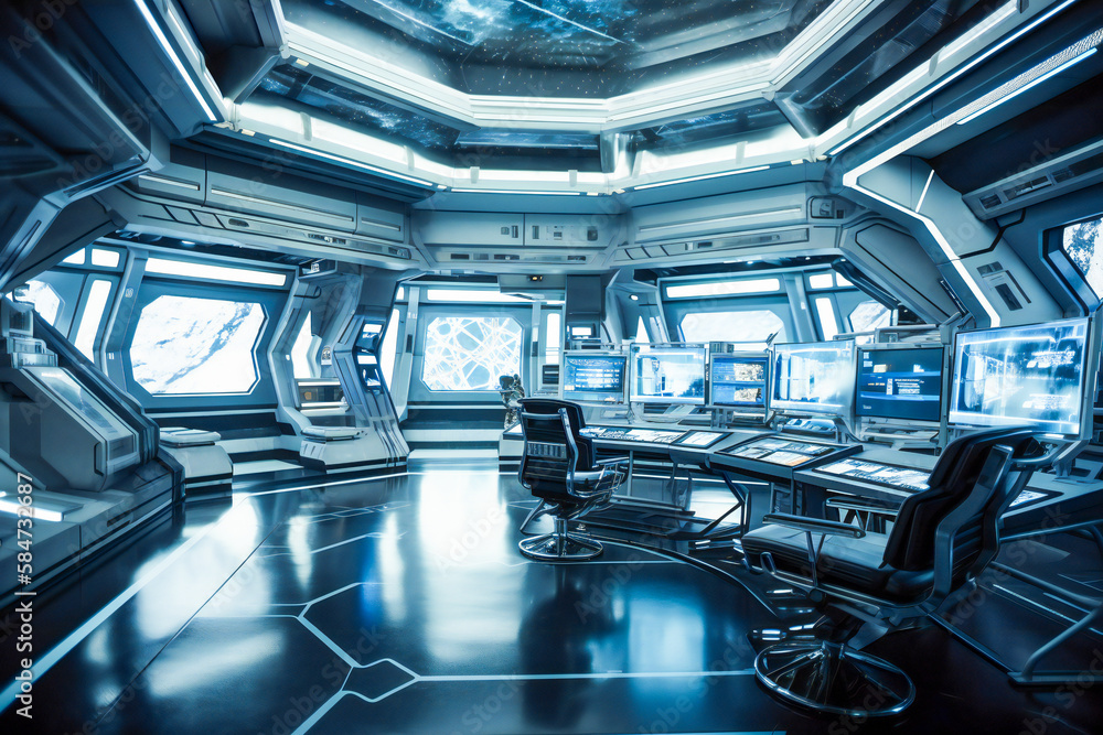 Interior of a futuristic control room of a space ship. Created with ...