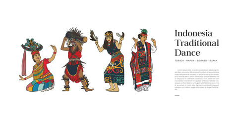 isolated of indonesia famous traditional dance hand drawn illustration