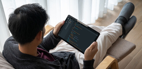Software development programming on computer screen for modish application and program coding