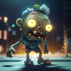 Cute green zombie with big yellow eyes. 3D look zombie. Cool 3D walking dead zombie. Toy zombie.