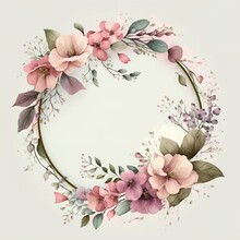 Circle Frame With Pink Watercolor Flowers. Elegant With White Background Wreath Decorative Pattern Ring Crown Hair Band Pink Branch Bouquet Peach Blossom Green Leaves Rose Generative AI