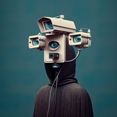 Portrait of person balancing modern surveillance technology camera man an all-seeing camera human head face futuristic technology eyes they are watching everything digital video Generative AI 