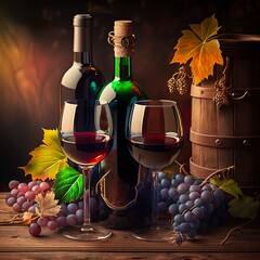 two glasses of wine sitting next to each other on a wooden table next to a bottle of wine and a bunch of grapes on the table. decoration serving vinery alcohol drink beverage Generative AI 