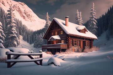 Canvas Print - wooden house in mountains with snow exterior of the winter chalet, created with generative ai