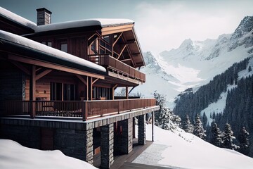 Canvas Print - chalet in mountains with snow-covered balcony and terrace exterior of the winter chalet, created with generative ai