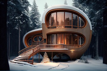 Canvas Print - chalet exterior of the winter with round windows and staircase in forest, created with generative ai