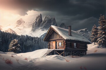 Canvas Print - cozy hut in winter nature with mountans and clouds exterior of the winter chalet, created with generative ai