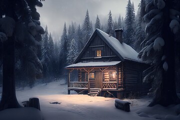 Canvas Print - safe refuge from winter storm in forest of snow-covered hut exterior of the winter chalet, created with generative ai