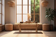 Ambiente 3d com uma bela mesa em madeira em frente de uma janela grande 