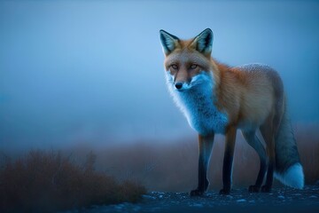 Wall Mural - the beautifully brilliant fox in a brilliant blue fog generative ai