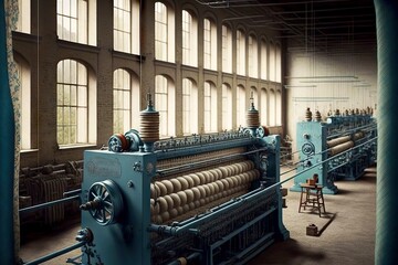 Poster - Production of fabrics and clothing in weaving factory textile industry, created with generative ai