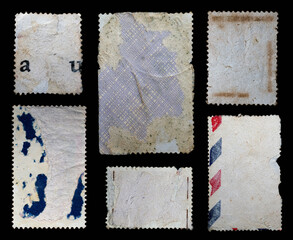 Wall Mural - collection of blank vintage postage stamps with different size and texture variation isolated on bla