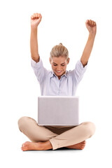 Laptop, celebration and business woman excited for financial profit, stock market growth or investment success. Economy, online trading of crypto or nft on an isolated and transparent png background