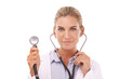 © peopleimages.com - Face, healthcare doctor and woman with stethoscope on an isolated and transparent png background. Portrait, cardiology and female medical cardiologist holding equipment for heart health and wellness