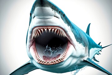 Wall Mural - Jaws of snout of great shark tropical fish isolated on white background, created with generative ai