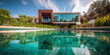 Vue de la piscine d'une grande villa moderne et luxueuse, architecture design et contemporaine