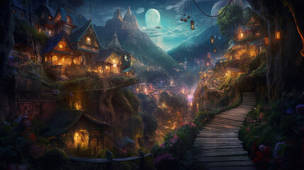 fantasy night landscape, glowing illuminesence lights, little forest town, glowing window lights, ge