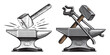 Anvil, hammer, tongs. Metal working tools. Blacksmith, ironwork concept. Hand drawn sketch vintage vector illustration
