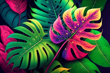 Poster - tropical leaves colorful foliage nature background, created with generative ai