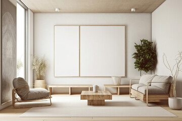  modern living room with bright beige sofa, dried indoor plant, big empty frame on the wall, contemporary design, generative ai