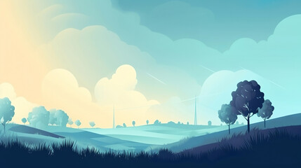 Canvas Print - beautiful morning landscape with trees and clouds illustration, generative ai