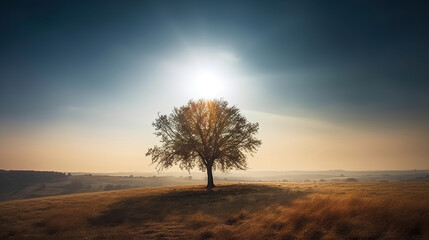 Wall Mural - lonely tree standing on the hill, clear sky, summer meadow, generative ai