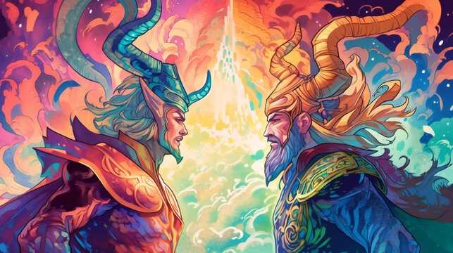 Battle of the gods: Thor versus Loki, epic showdown, Norse mythology inspired, generative AI