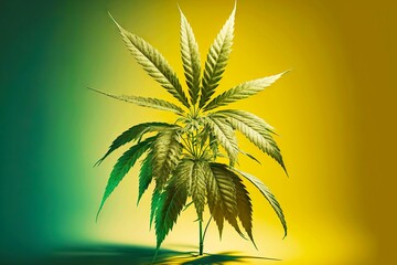 Wall Mural - Hemp leaves on yellow background. Cannabis Marijuana plant, created with generative ai