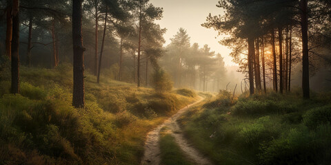 Sticker - sun rays through the healthy morning autumn pine  forest, green environment protection concept, generative ai