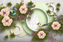 3D Wallpaper Beautiful Flower And Green Leaf And Birds, Circel Background And Texture For Surface, Generative AI