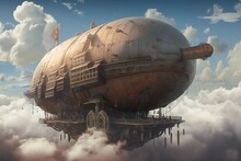 A Massive Airship Floating In The Clouds, With Cannons At The Ready 