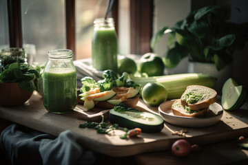 Wall Mural - fresh organic foods,  fruits and vegetables, blurry morning lights background, healthy life concept, generative ai