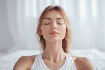 Wall Mural - beautiful young woman doing meditating relaxing yoga  in white dress in a bright white environment, generative ai