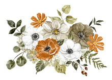 Watercolor Autumn Bouquet. A Floral Arrangement Made In Rustic Style. Botanical Painting With Burnt Orange, Rust, Brown And White Flowers. PNG Clipart.