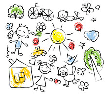 A Set Of Children Drawings. Kid Doodle. Sun In The Clouds, Summer Flowers And Trees, Painted Houses, Cute Cat And Other Black White Elements. Vector Illustration On White Background.