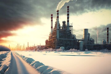 Wall Mural - Petrochemical industry factory standing among snow-covered field, created with generative ai