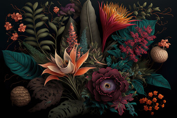 Wall Mural - Tropical flowers and leaves, dark background. AI	