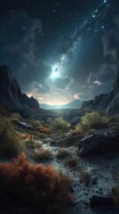 Poster - Milky Way and mountains at night. Beautiful landscape with bright milky way arch, rocky path, starry sky at night in Nepal. Trail in mountain valley, sky with stars. Generative Ai